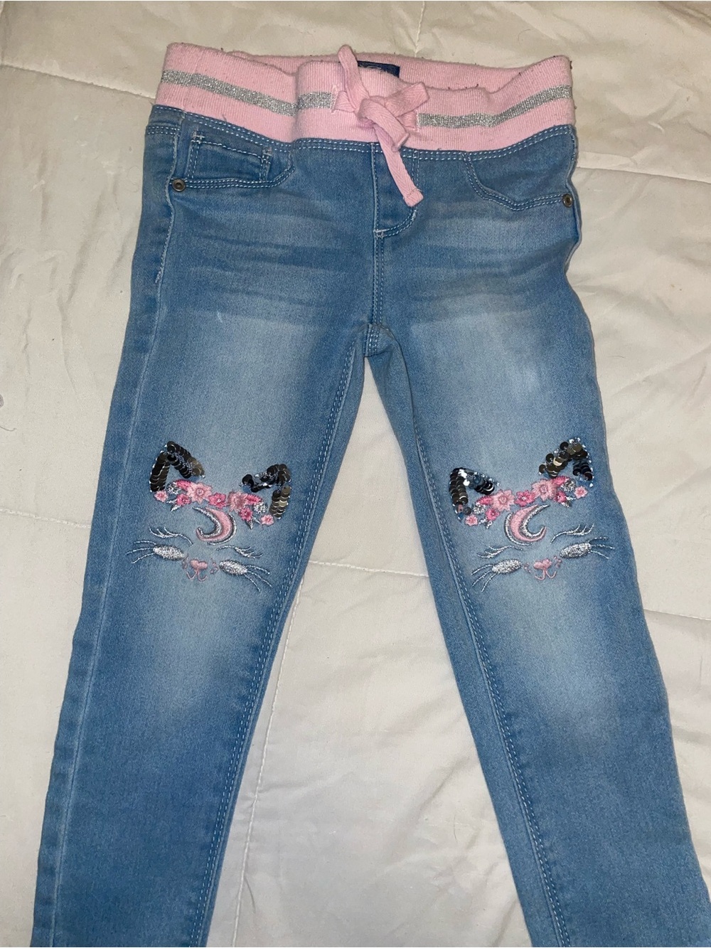 Girls' Light Blue Embroidered Sequin Jeans with Pink Waistband